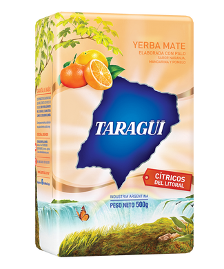 Taragüi Yerba Mate Citrus Flavor 1.1lb  Taragüi Yerba Mate Citricos Del Litoral 500g   Transport yourself to the Littoral, the ideal region to grow citrus fruits and enjoy the flavor of the best yerba mate and a touch of the tastiest oranges, mandarins and grapefruits.   Product of Argentina Ships from the USA
