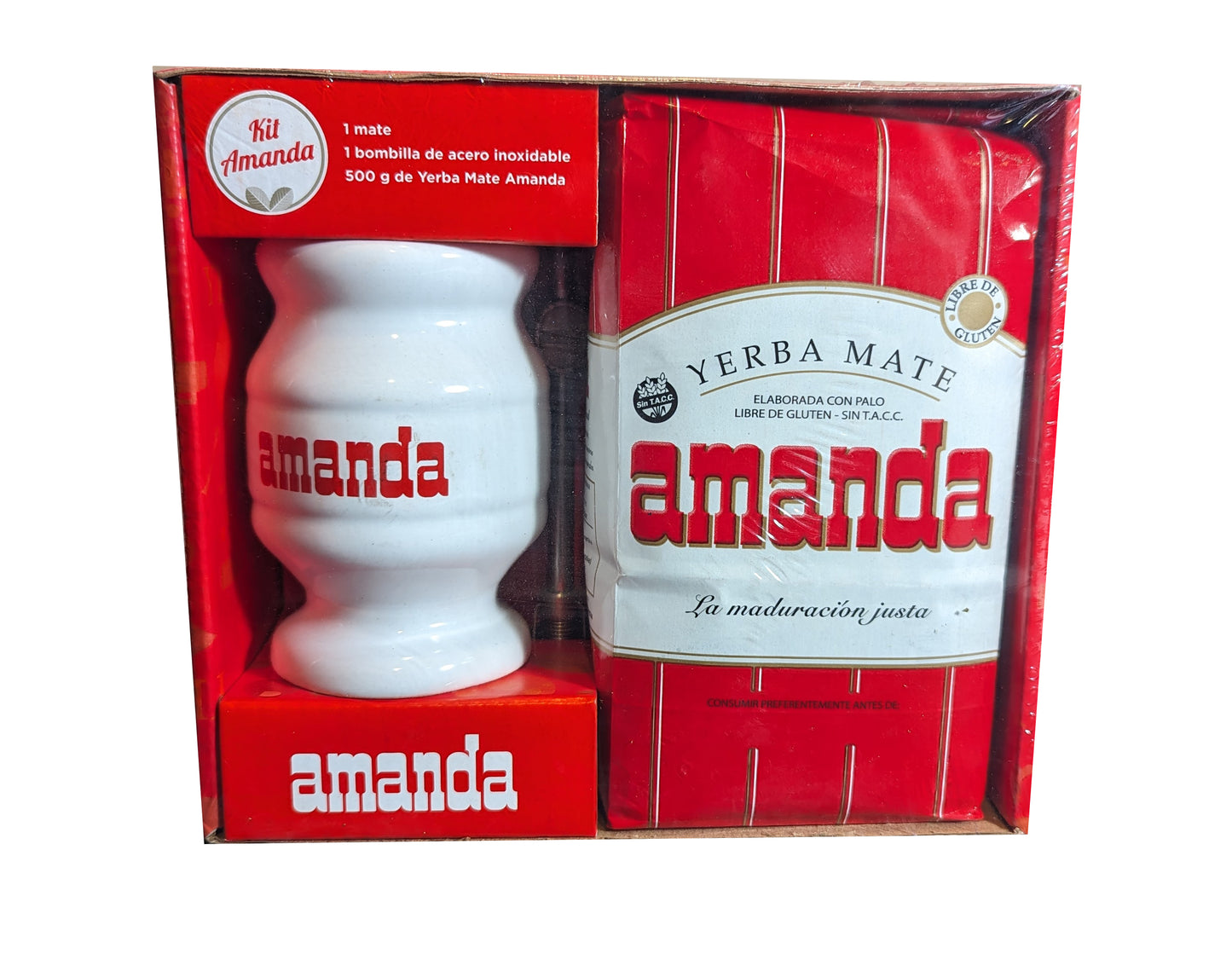 AMANDA - Kit Yerba Mate, 1 Cerámica, 1 Bombilla de Acero Inoxidable - BLANCO