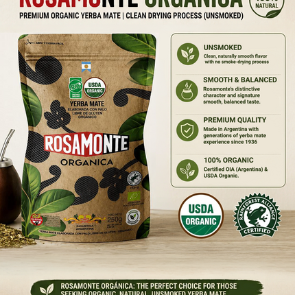 Rosamonte Orgánica Yerba Mate, USDA Organic Unsmoked con Palo (with Stems), 250g (0.55 lb) Specialty Foods Rosamonte