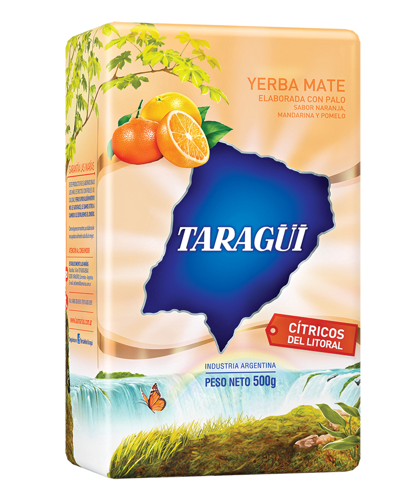 Taragüi Yerba Mate Citrus Flavor 1.1lb  Taragüi Yerba Mate Citricos Del Litoral 500g   Transport yourself to the Littoral, the ideal region to grow citrus fruits and enjoy the flavor of the best yerba mate and a touch of the tastiest oranges, mandarins and grapefruits.   Product of Argentina Ships from the USA